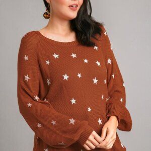 Umgee Plus Sunset Sweater with Hand Stamped Stars-1X NWT- Fall, Cozy, Classic